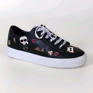Karl Lagerfeld Paris Cat Heart Pins Sneaker Shoes Womens 9 Black Lace Up Boho